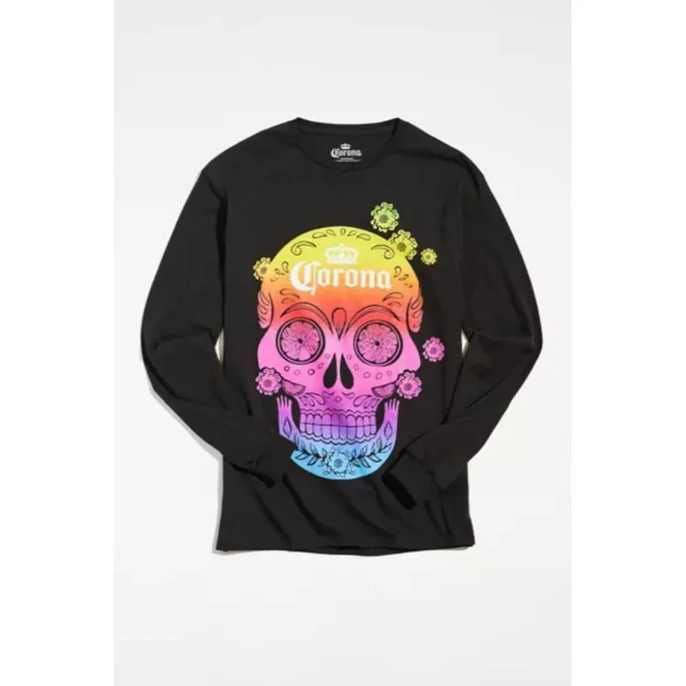 NEW URBAN OUTFITTERS CORONA BEER T SHIRT UNISEX LARGE BLACK LONG SLEEVE RAINBOW - Picture 1 of 5